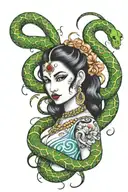 Devi with snake slithering tattoo design idea