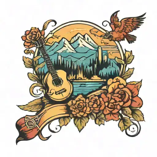 A country music festival scene with mountains in the background tattoo design idea