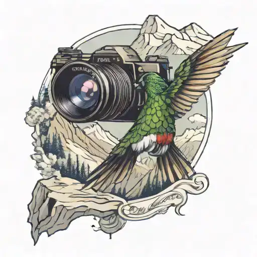 A tattoo of a hummingbird flying over a mountain range with a camera in its beak, symbolizing your love for photography and adventuring in the mountains tattoo design idea
