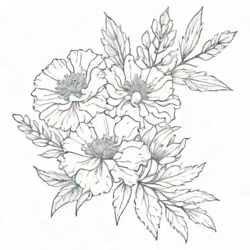 Marigold, carnation, and larkspur flowers tattoo design idea