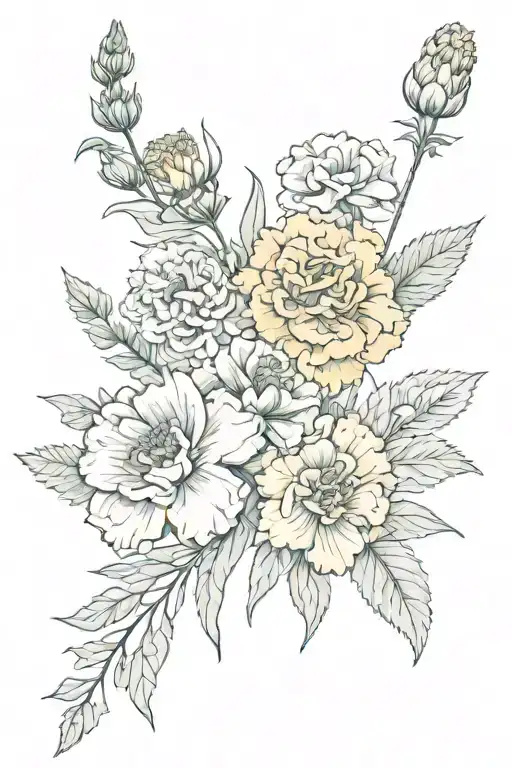 Marigold, carnation, and larkspur flowers with greenery tattoo design idea