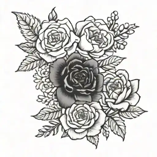 Marigold, carnation, and larkspur flowers intertwined tattoo design idea