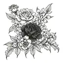 Marigold, carnation, and larkspur flowers intertwined tattoo design idea