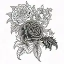 Marigold, carnation, and larkspur flowers intertwined tattoo design idea