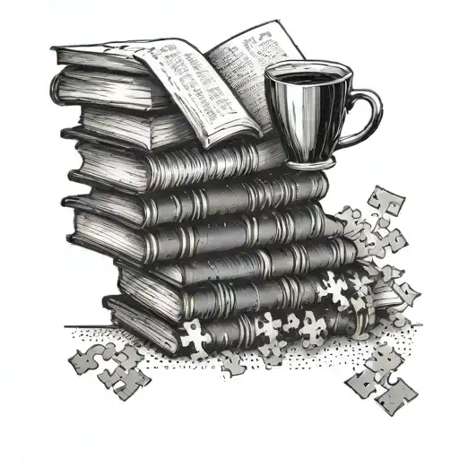 A stack of books with a coffee mug perched on top, surrounded by puzzle pieces tattoo design idea
