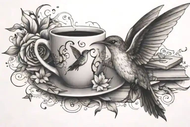 Hummingbird,coffee cup,puzzle pieces,books, tattoo design idea