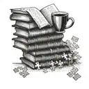 A stack of books with a coffee mug perched on top, surrounded by puzzle pieces tattoo design idea
