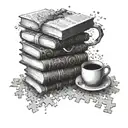 A stack of books with a coffee mug perched on top, surrounded by puzzle pieces tattoo design idea