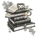 A stack of books with a coffee mug perched on top, surrounded by puzzle pieces tattoo design idea