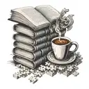 A stack of books with a coffee mug perched on top, surrounded by puzzle pieces tattoo design idea