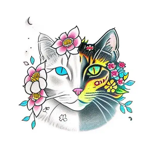 a black cat head decorated with flowers and blossoms looking at another tri-colored cats head also decorated tattoo design idea