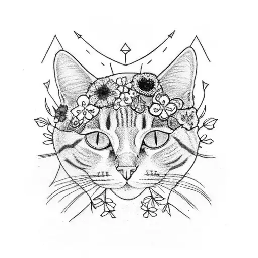 a black cat head decorated with flowers and blossoms looking at another tri-colored cats head also decorated tattoo design idea