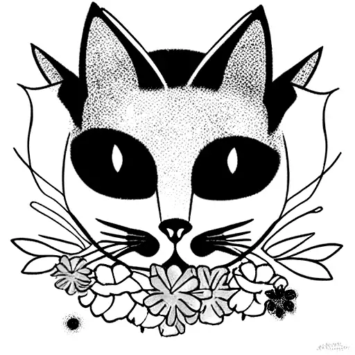 a black cat head decorated with flowers and blossoms looking at another tri-colored cats head also decorated tattoo design idea
