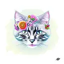 a black cat head decorated with flowers and blossoms looking at another tri-colored cats head also decorated tattoo design idea