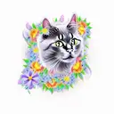 a black cat head decorated with flowers and blossoms looking at another tri-colored cats head also decorated tattoo design idea