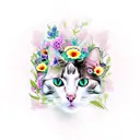 a black cat head decorated with flowers and blossoms looking at another tri-colored cats head also decorated tattoo design idea