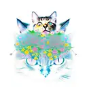 a black cat head decorated with flowers and blossoms looking at another tri-colored cats head also decorated tattoo design idea