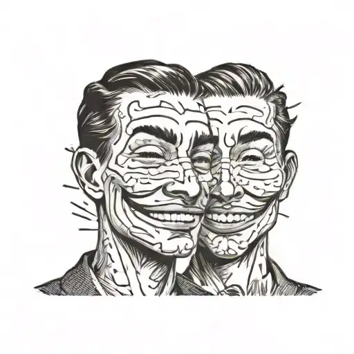 A man's face framed by a mirror, one half of his face is covered by a smiley face mask that is broken in half, ar tattoo design idea