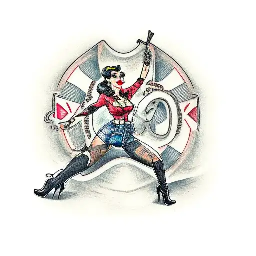 Pin up girl with leather jacket, black boots, shorts, brown hair tattoo design idea