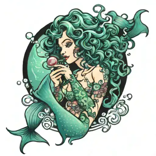 curly hair mermaid blowing bubbles   tattoo design idea