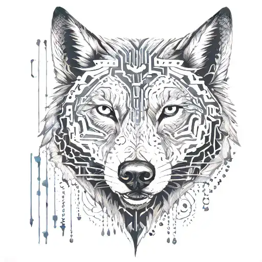 An intricate dotwork tattoo of a wolf surrounded by binary code and computer circuitry tattoo design idea
