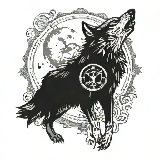 A dotwork tattoo of a wolf howling at the moon, with a digital clock showing midnight in the background tattoo design idea