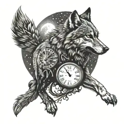 A dotwork tattoo of a wolf howling at the moon, with a digital clock showing midnight in the background tattoo design idea