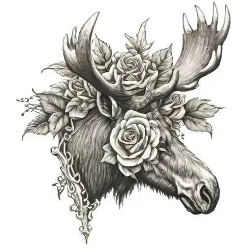 moose antler with 5 roses tattoo design idea