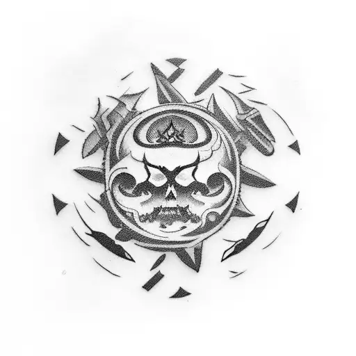 A dark and mysterious tattoo design incorporating Japanese elements and knives like kunai tattoo design idea