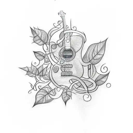 A sketch-style tattoo of a guitar intertwined with vines and leaves tattoo design idea