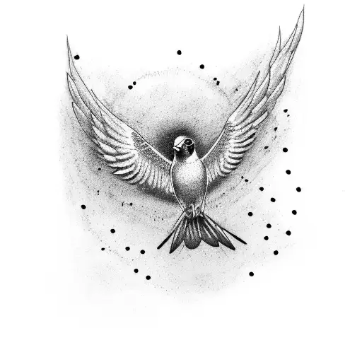 A dotwork tattoo of a bird in flight with musical notes trailing behind it tattoo design idea