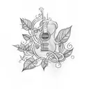 A sketch-style tattoo of a guitar intertwined with vines and leaves tattoo design idea