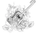 A sketch-style tattoo of a guitar intertwined with vines and leaves tattoo design idea