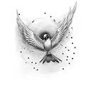 A dotwork tattoo of a bird in flight with musical notes trailing behind it tattoo design idea
