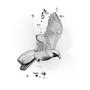 A dotwork tattoo of a bird in flight with musical notes trailing behind it tattoo design idea
