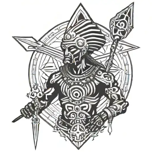 African warrior wearing hNsibidi symbols as body paint, holding an arrowhead spear, with alien spacecraft in the background tattoo design idea