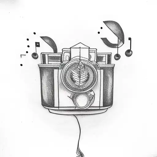 A symmetrical blackwork tattoo of a vintage camera surrounded by musical notes and coffee beans. tattoo design idea