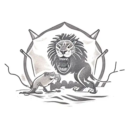 An armwrestling match between a shovelnose shark and a lion, with the beach and palm trees in the background tattoo design idea