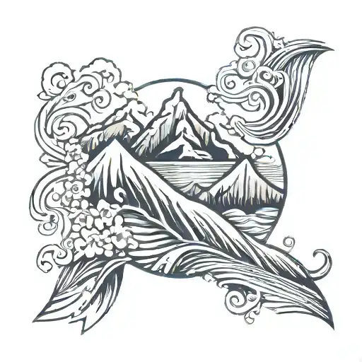 Breast cancer ribbon,wave,mountain peak mountain tattoo design idea