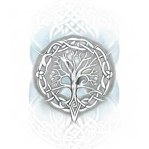 celtic tree of life behind a double edge long sword tattoo design idea