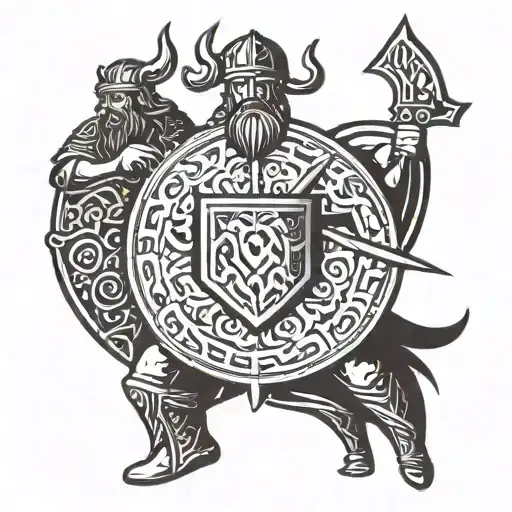A minimalist tattoo of a Viking warrior holding a shield with the faces of his friends and family etched onto it, symbolizing loyalty and strength in numbers tattoo design idea