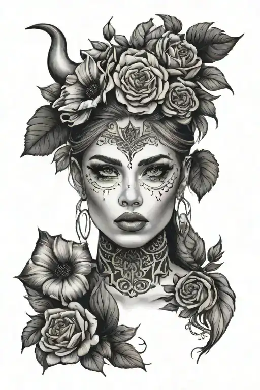 pretty girl face wearing bull skull crown surrounded by bold flowers tattoo design idea