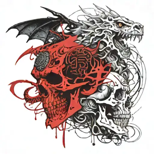 dragon two heads wrapped around skull tattoo design idea