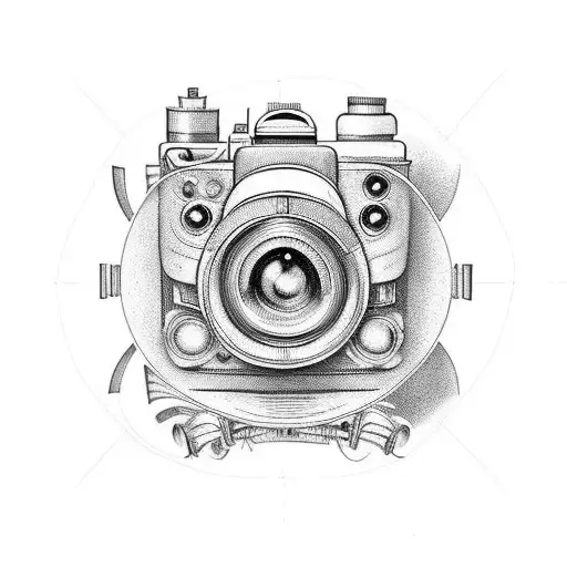 A vintage camera with mechanical parts merging into floral elements tattoo design idea