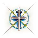 cross with a rosary wrapped around the cross; clouds in background tattoo design idea