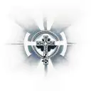 cross with a rosary wrapped around the cross; clouds in background tattoo design idea