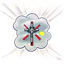 cross with a rosary wrapped around the cross; clouds in background tattoo design idea