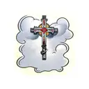 cross with a rosary wrapped around the cross; clouds in background tattoo design idea