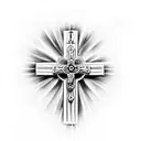 cross with rosary wrapped around it; clouds in background tattoo design idea