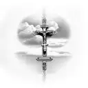 cross with rosary wrapped around it; clouds in background tattoo design idea